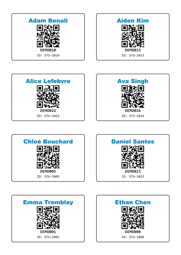 A printed sheet of student badges, each with a name, QR code and badge ID