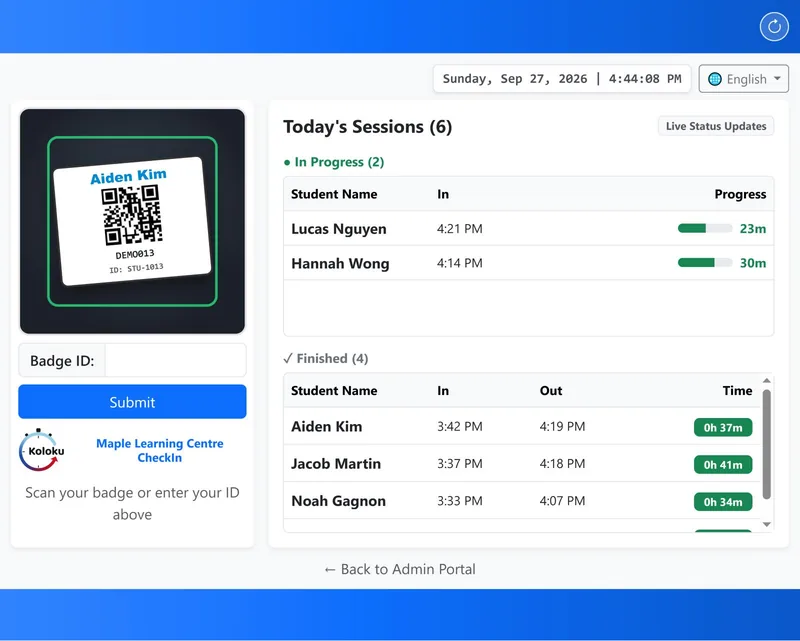 Koloku kiosk on a tablet: a student's QR badge being scanned, next to the list of today's sessions