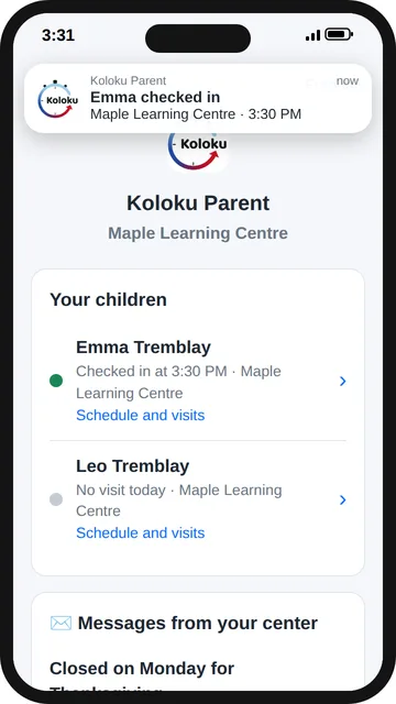 Koloku Parent on a phone: a check-in alert, the children's status and a message from the centre