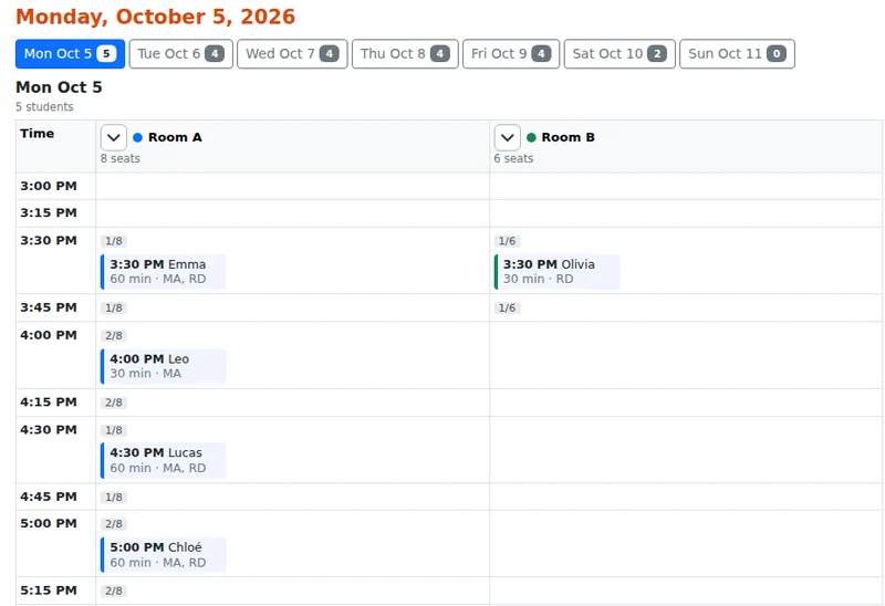 Koloku Student Scheduler: a day's sessions by room, with the list of students and their days